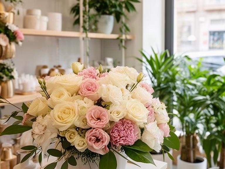 Centro floral de tonos crema y rosa junto a plantas de interior en una floristería luminosa de Pinto