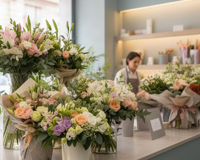 Mostrador de una floristería de Pinto con ramos frescos preparados junto a la zona de atención