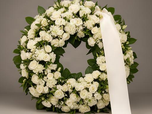 Corona funeraria de flores blancas y hojas verdes colocada junto a una cinta de homenaje
