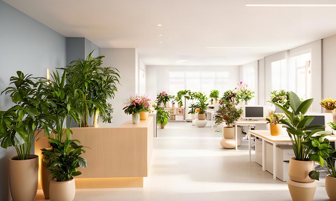 Oficina luminosa en Pinto con plantas de interior cuidadas junto a mesas de trabajo y zona de recepción