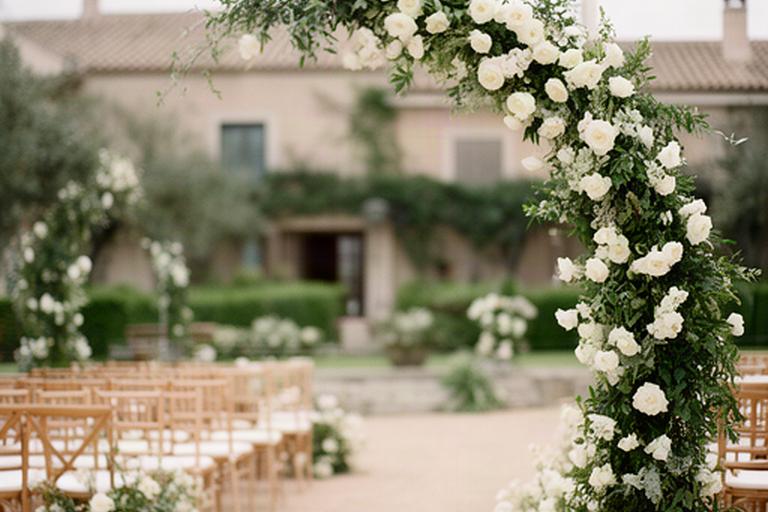 Arco floral de flores blancas y follaje verde en una ceremonia al aire libre en una finca de Madrid