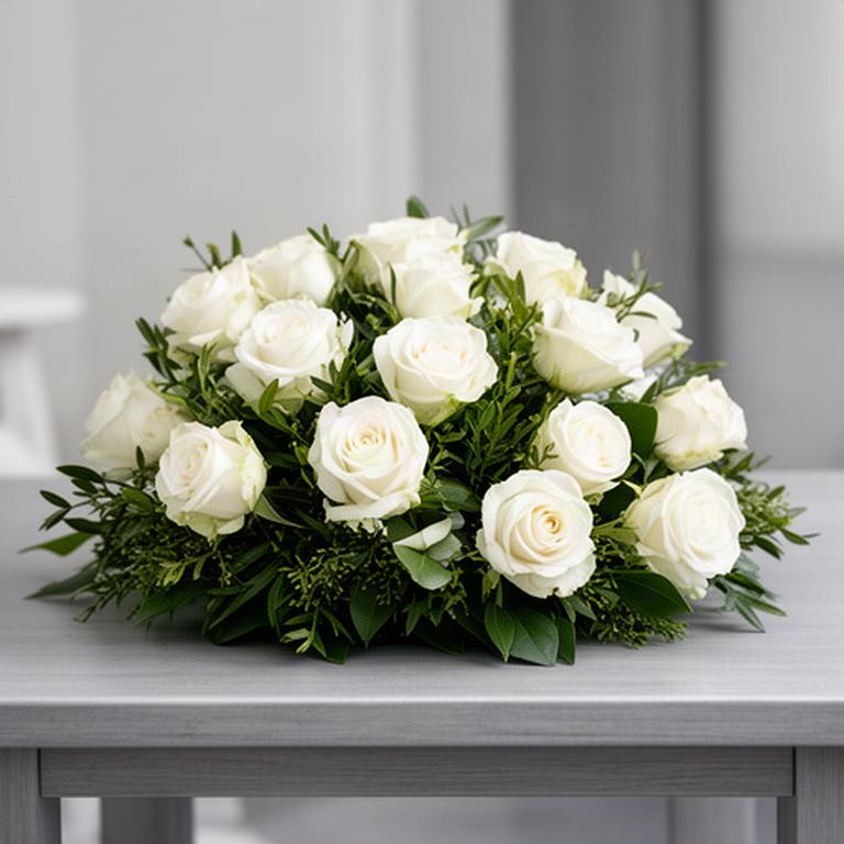 Centro de condolencia con rosas blancas y follaje verde sobre una mesa sobria, preparado para una despedida