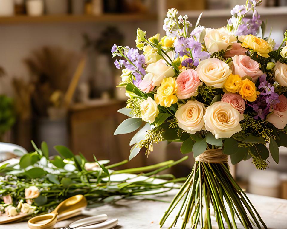 Ramo de flores de temporada preparado a mano sobre una mesa luminosa del obrador de una floristería en Pinto