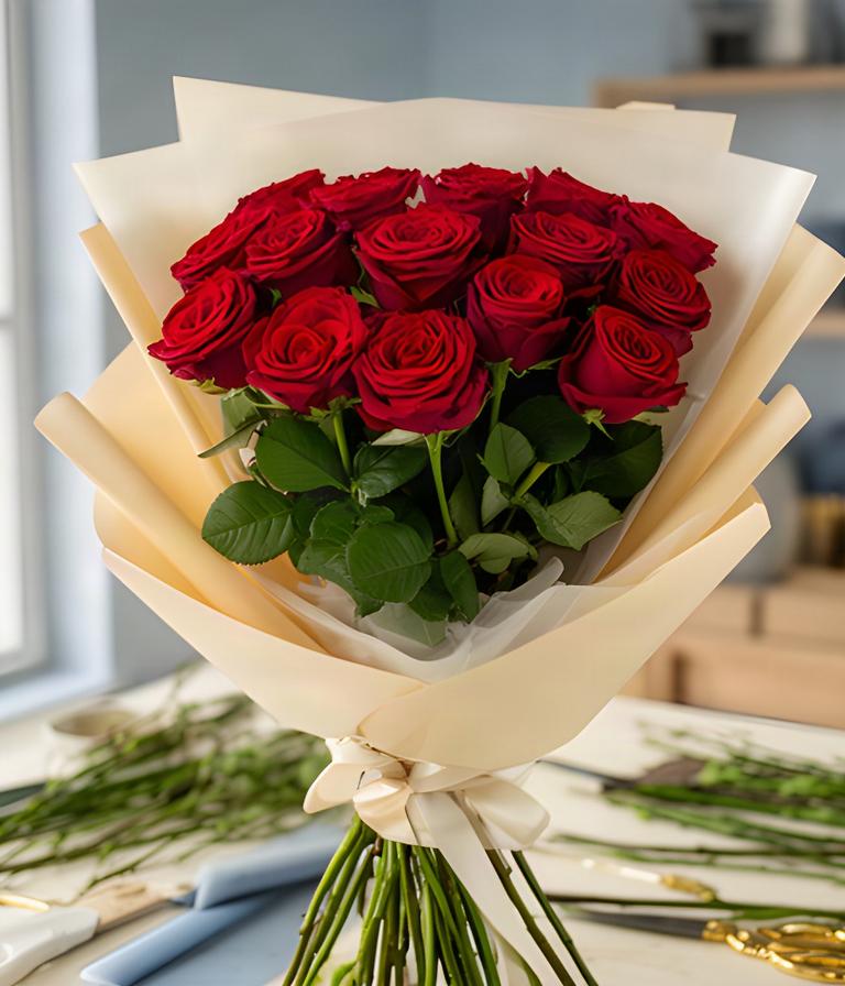 Ramo de rosas rojas de tallo largo, envuelto en papel claro sobre una mesa de floristería en Pinto