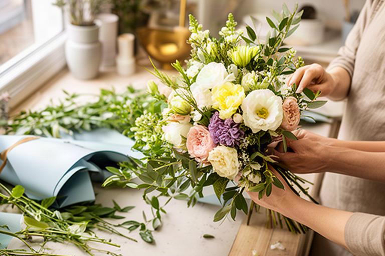 Floristas preparando un ramo de flores frescas sobre una mesa de trabajo luminosa en Pinto